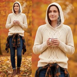 Athleta 100% Extra fine Merino Wool Sweater Fisherman Hoodie size small‎